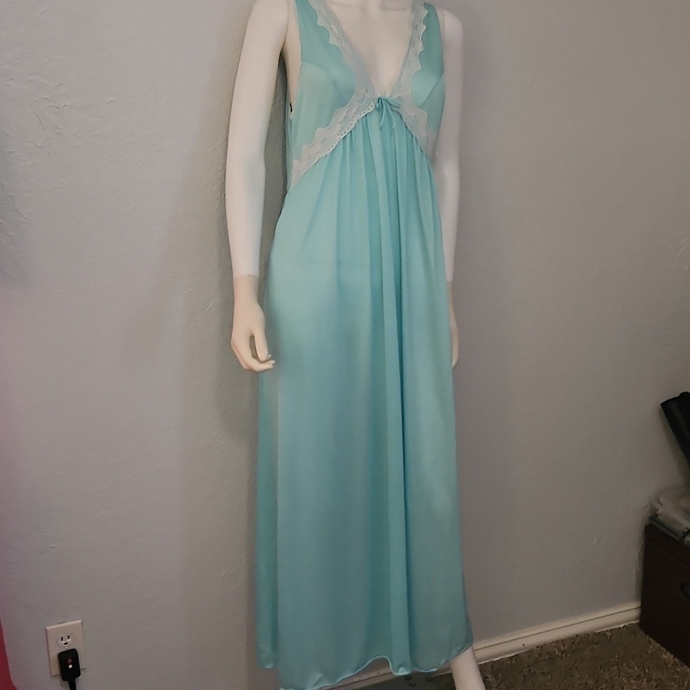 Vintage Union Made 1960s Turquoise Blue Lace Trim Satin Nightgown - Picture 2 of 10